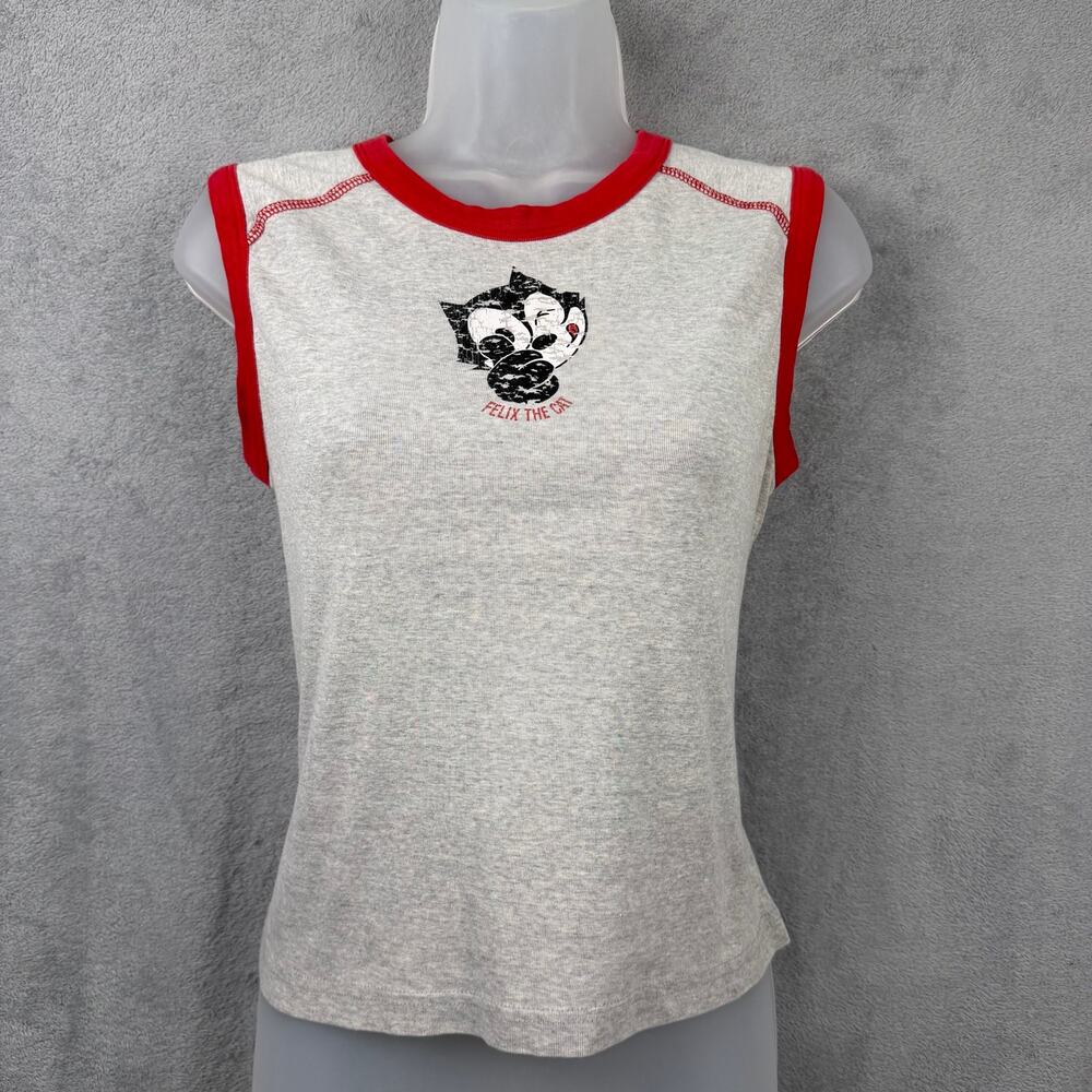 Felix the Cat Womens Ringer Tank Crop Top XL Gray Retro Sleeveless Tee 90s Y2K